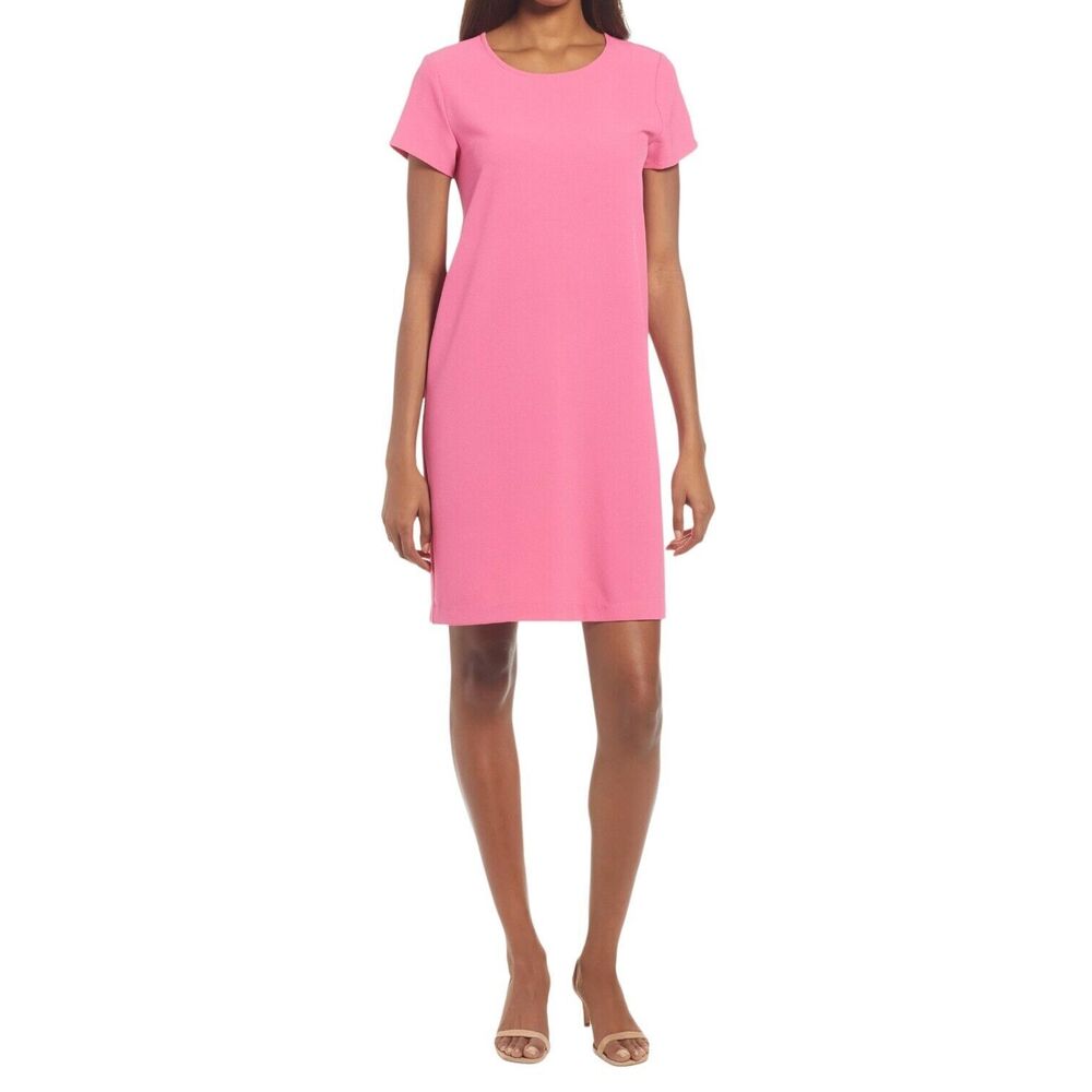 New‎ Chelsea28 Shift Dress Pink Shock Crepe Short Sleeve Knee Length Size M